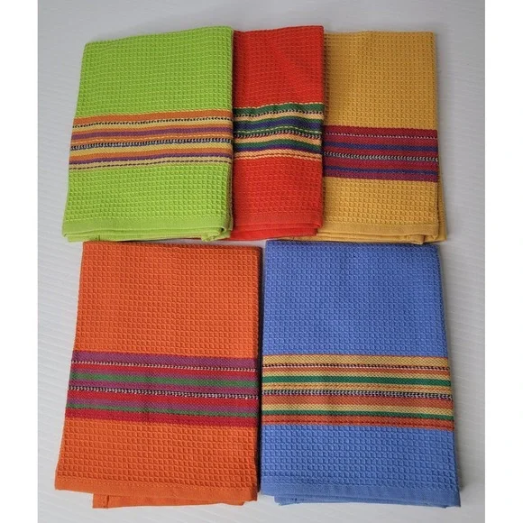 Set Of 5 Crate and Barrel Picante Pattern Dish Towels Kitchen Orange Red NEW - Picture 1 of 9